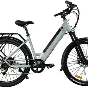 Lightweight step through electric city bike, women friendly commuter e-bike with rear luggage rack and fat tires